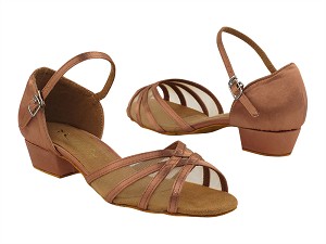 6027FT Tan Satin_Flesh Mesh with 1" Flat Heel in the photo 
