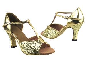 5004 Gold Sparkle_F_H_Gold Leather_T_B with 3" Heel in the photo 